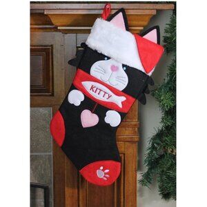 19.5" Black and Red Embroidered Kitty Cat Christmas Stocking